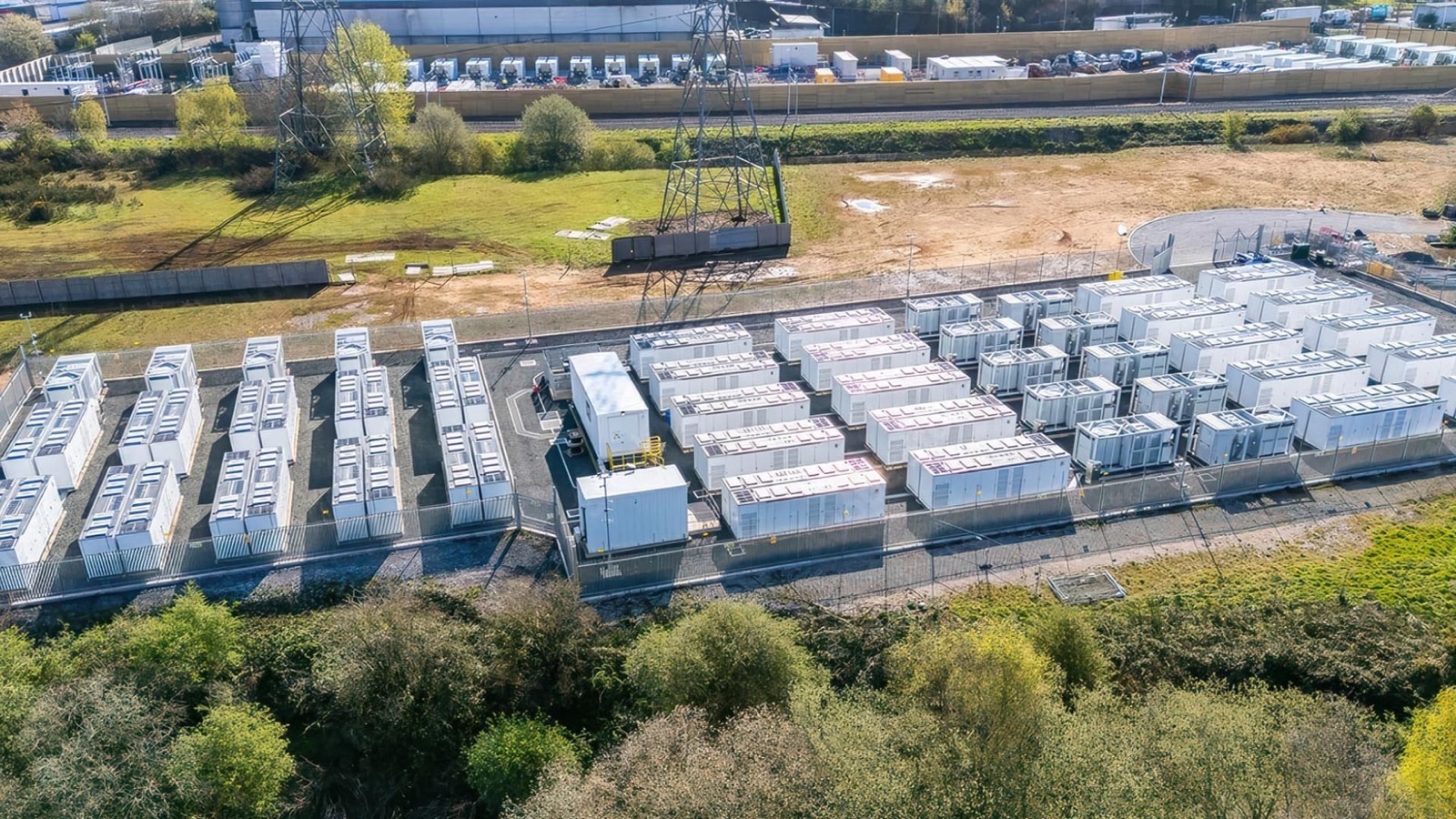 Aerial view of an electrical substation and transformer compound