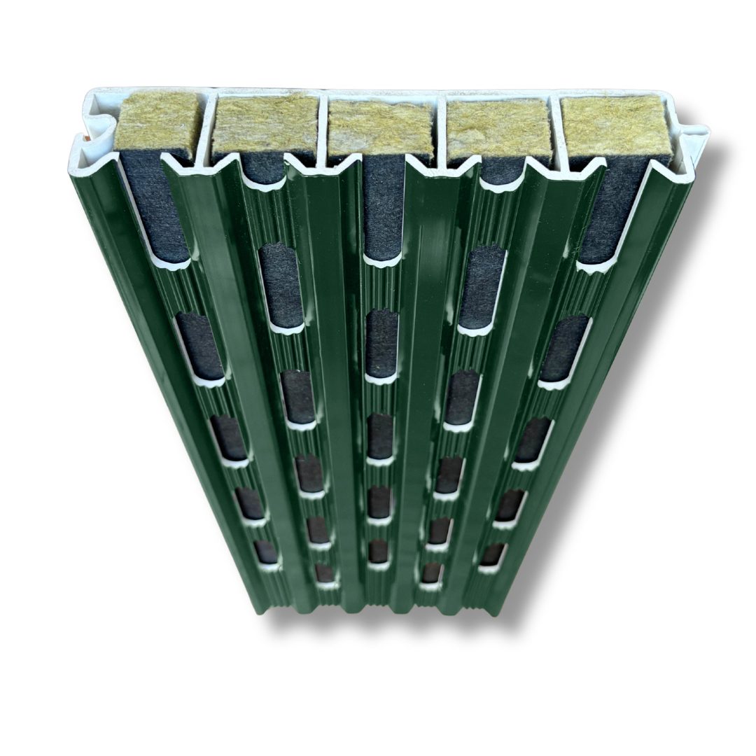 Cross-section of Air Quick-slot cassette showing recycled PVC housing and mineral wool core